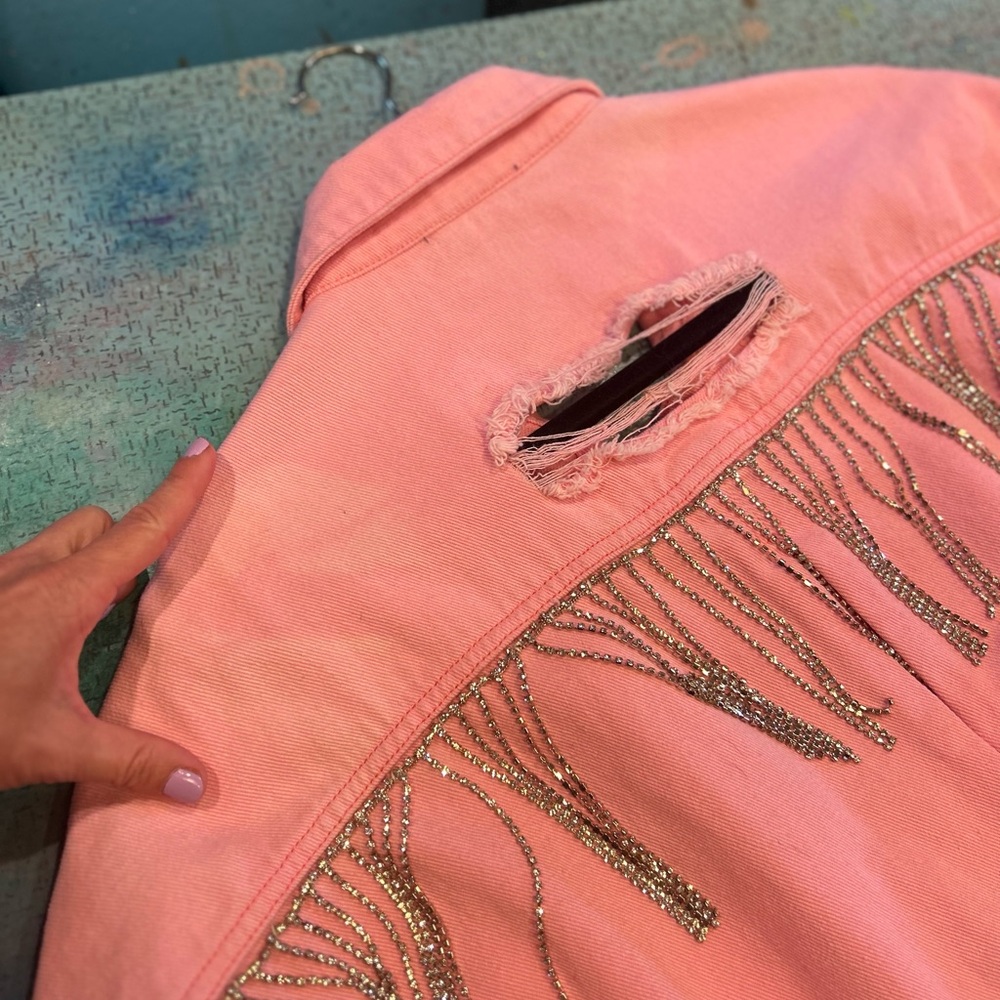Pink Diamond Fringe Distressed Denim Jacket - Picture 16 of 16